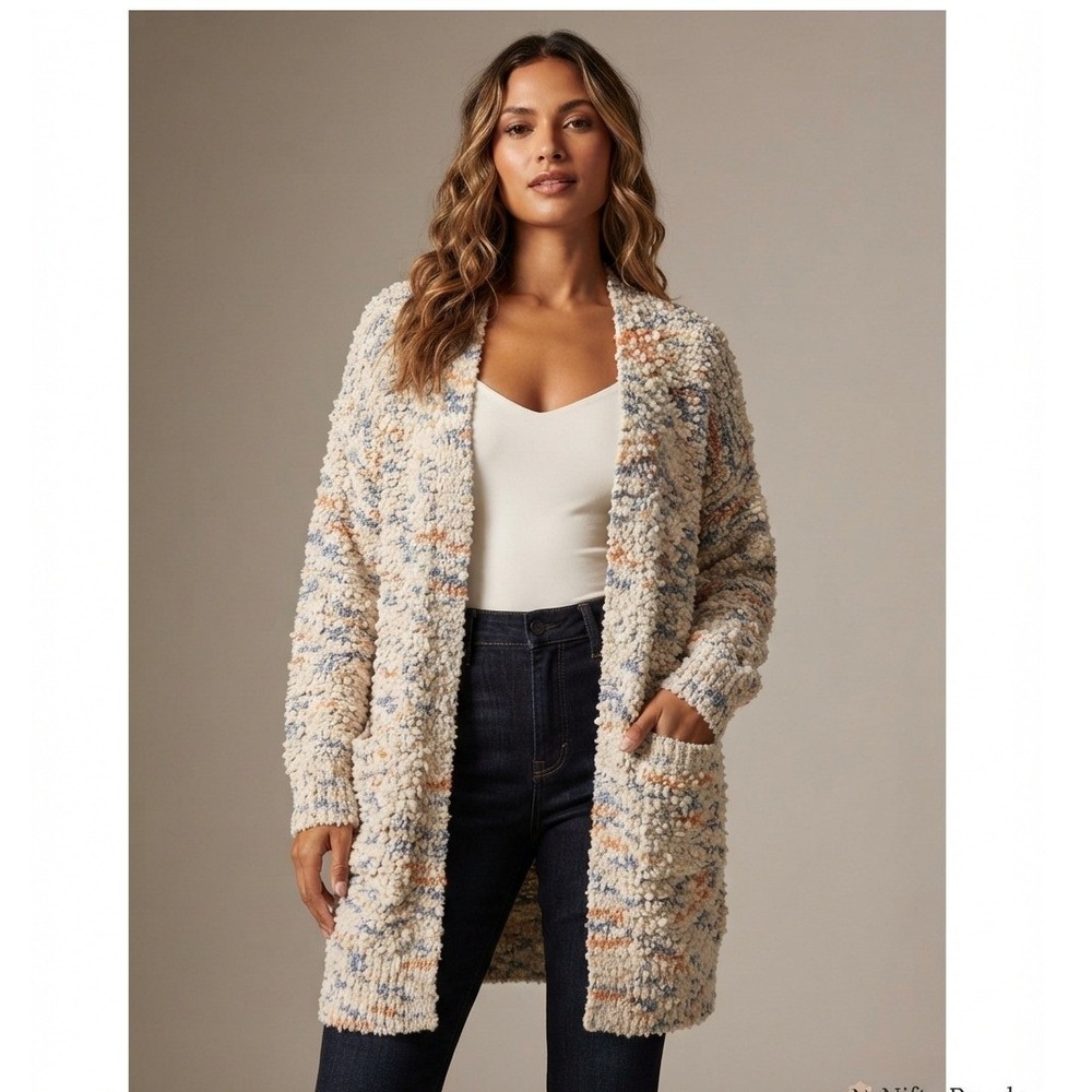 Serra Cardigan Sweater Multicolor Popcorn Knit Open Front Pockets Cozy Layer M